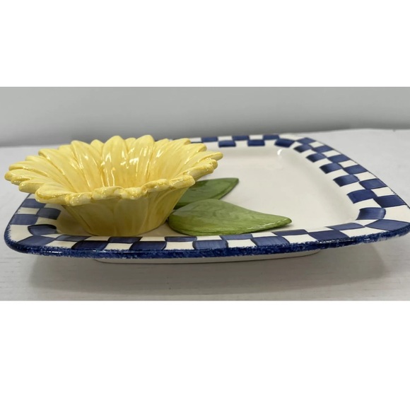 Cali 3D Yellow Sunflower Ladybug Blue White Chip Dip Serving Art Pottery  Signed - Picture 8 of 12